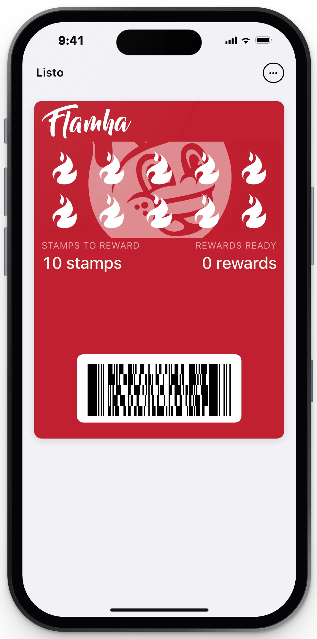 Pase de lealtad de ejemplo con 10 sellos dentro de Apple Wallet, en un iPhone
